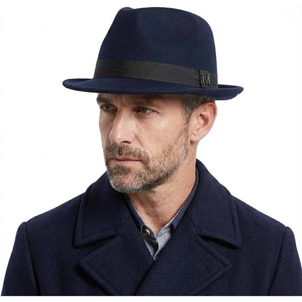 Men's Blue 100% Wool Western With Satin Band Classic Fedora Cowboy Felt Hat